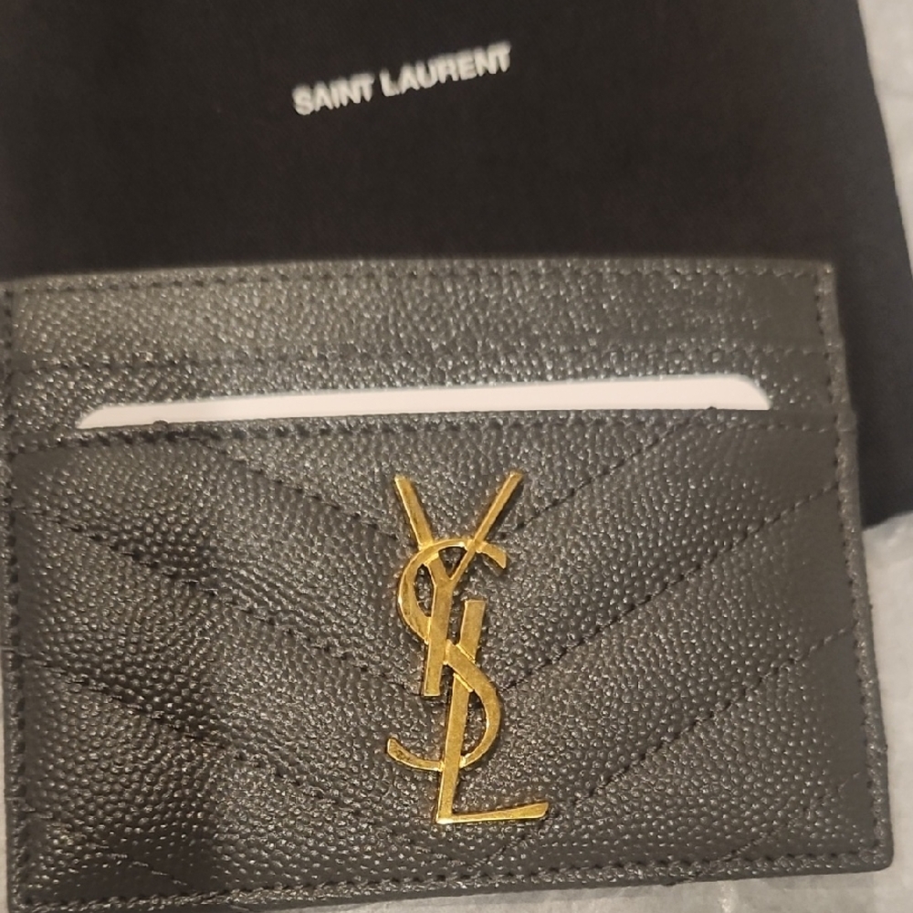 Saint Laurent Quilted Black Card Holder with Gold Logo - Picture 3 of 5
